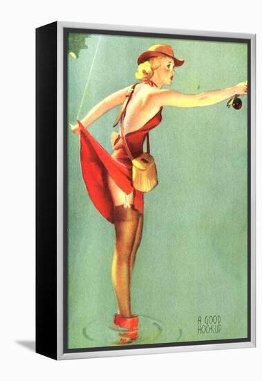 Pin-Up Fishing with Skirt Caught in Hook, 1940-null-Framed Premier Image Canvas