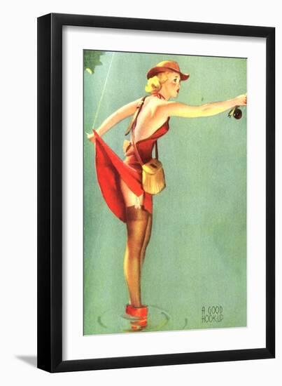 Pin-Up Fishing with Skirt Caught in Hook, 1940-null-Framed Giclee Print