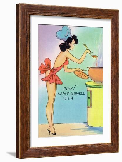 Pin-Up Girls - Boy What a Swell Dish; Woman Cooking in Nighty-Lantern Press-Framed Art Print