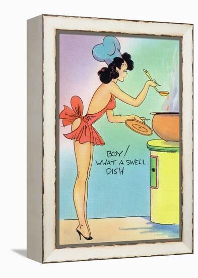 Pin-Up Girls - Boy What a Swell Dish; Woman Cooking in Nighty-Lantern Press-Framed Stretched Canvas