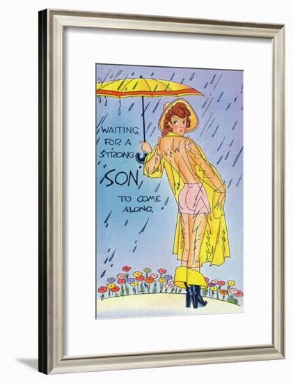 Pin-Up Girls - Waiting for a Strong 'Son' to Come along; Woman in See-through Raincoat-Lantern Press-Framed Art Print