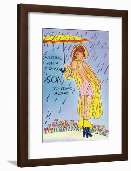 Pin-Up Girls - Waiting for a Strong 'Son' to Come along; Woman in See-through Raincoat-Lantern Press-Framed Art Print