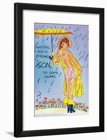Pin-Up Girls - Waiting for a Strong 'Son' to Come along; Woman in See-through Raincoat-Lantern Press-Framed Art Print