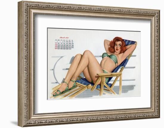 Pin Up in Bikini on a Deckchair on a Boat, Tanning, from Esquire Girl Calendar 1950 (March)-null-Framed Photo