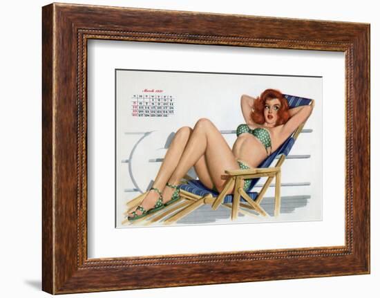 Pin Up in Bikini on a Deckchair on a Boat, Tanning, from Esquire Girl Calendar 1950 (March)-null-Framed Photo