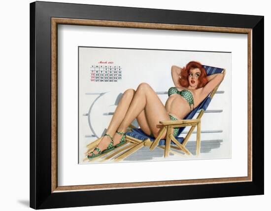 Pin Up in Bikini on a Deckchair on a Boat, Tanning, from Esquire Girl Calendar 1950 (March)-null-Framed Photo