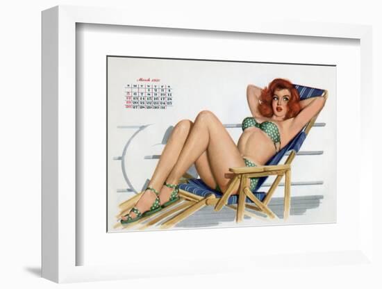 Pin Up in Bikini on a Deckchair on a Boat, Tanning, from Esquire Girl Calendar 1950 (March)-null-Framed Photo