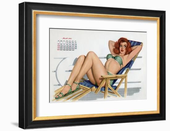 Pin Up in Bikini on a Deckchair on a Boat, Tanning, from Esquire Girl Calendar 1950 (March)-null-Framed Photo