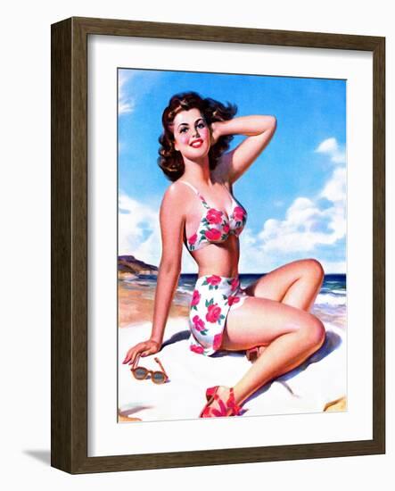 Pin-Up on Beach in Bikini-null-Framed Art Print