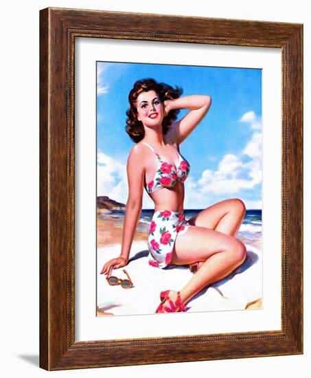 Pin-Up on Beach in Bikini-null-Framed Art Print