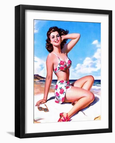 Pin-Up on Beach in Bikini-null-Framed Art Print