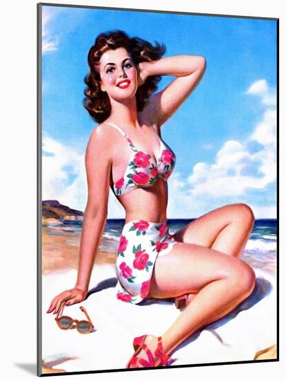 Pin-Up on Beach in Bikini-null-Mounted Art Print