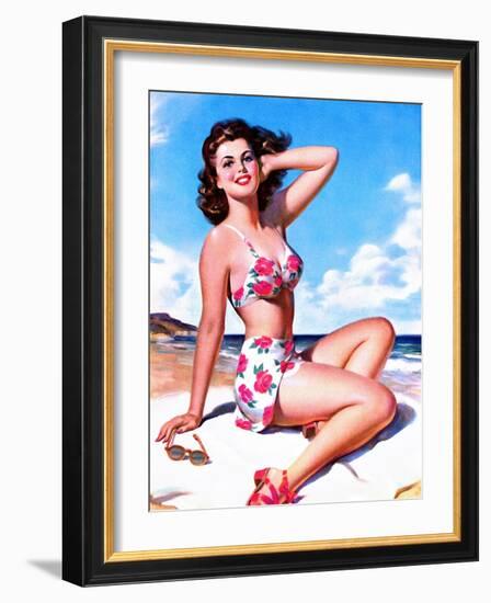 Pin-Up on Beach in Bikini-null-Framed Art Print