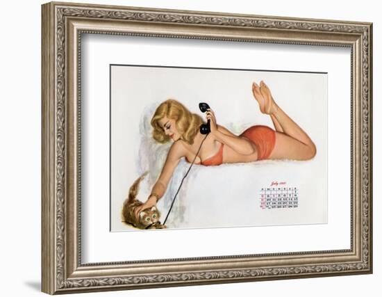 Pin Up with a Cat Playing with Phone Wire, from Esquire Girl Calendar 1950 (July)-null-Framed Photo