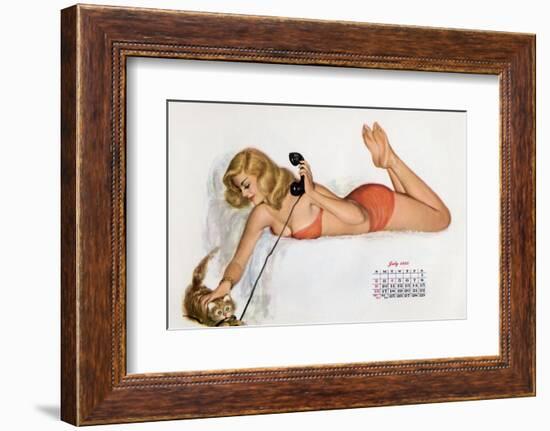 Pin Up with a Cat Playing with Phone Wire, from Esquire Girl Calendar 1950 (July)-null-Framed Photo