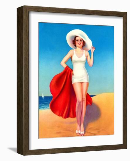 Pin-Up With White Hat at the Beach-null-Framed Art Print