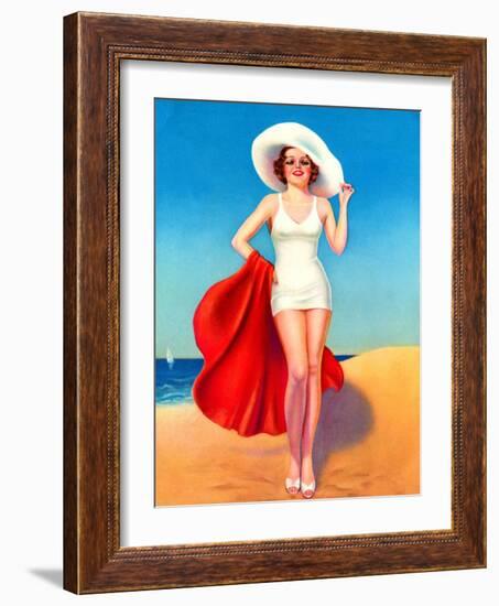 Pin-Up With White Hat at the Beach-null-Framed Art Print