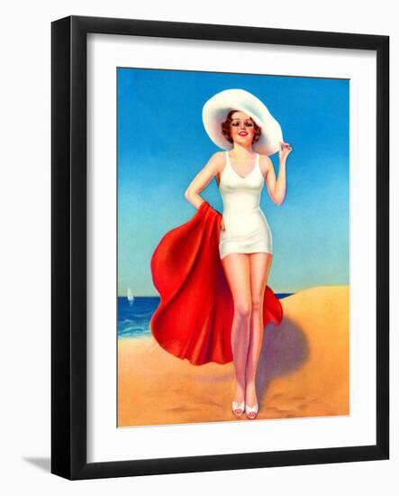 Pin-Up With White Hat at the Beach-null-Framed Art Print