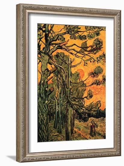 Pine Trees Against a Red Sky with Setting Sun-Vincent van Gogh-Framed Art Print