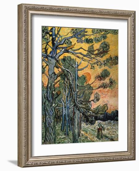 Pine Trees with Sunset and Female Figure, 1889-Vincent van Gogh-Framed Giclee Print