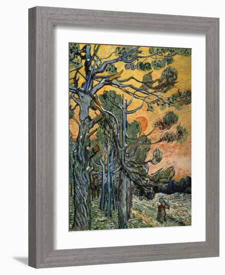 Pine Trees with Sunset and Female Figure, 1889-Vincent van Gogh-Framed Giclee Print