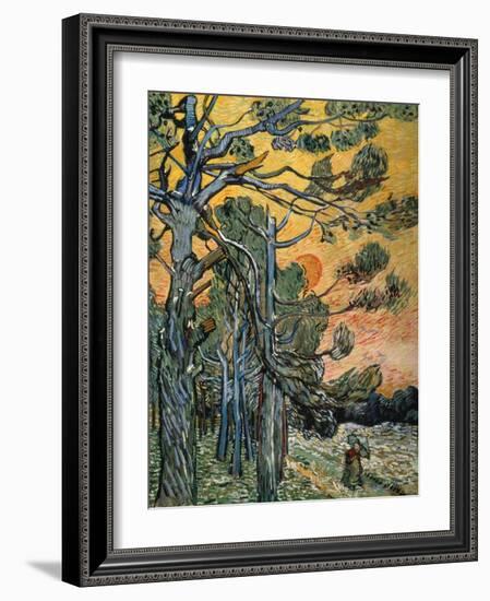 Pine Trees with Sunset and Female Figure, 1889-Vincent van Gogh-Framed Giclee Print