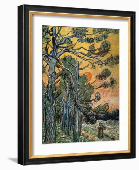 Pine Trees with Sunset and Female Figure, 1889-Vincent van Gogh-Framed Giclee Print