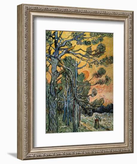 Pine Trees with Sunset and Female Figure, 1889-Vincent van Gogh-Framed Giclee Print