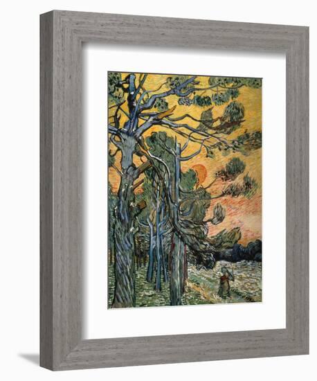 Pine Trees with Sunset and Female Figure, 1889-Vincent van Gogh-Framed Giclee Print
