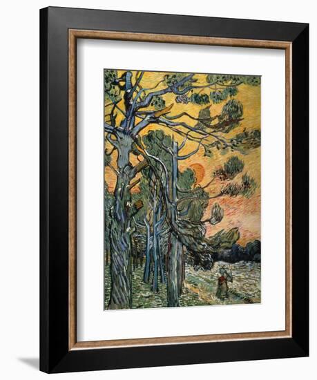 Pine Trees with Sunset and Female Figure, 1889-Vincent van Gogh-Framed Giclee Print