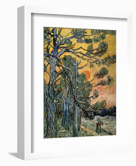 Pine Trees with Sunset and Female Figure, 1889-Vincent van Gogh-Framed Giclee Print