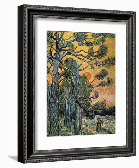 Pine Trees with Sunset and Female Figure, 1889-Vincent van Gogh-Framed Giclee Print