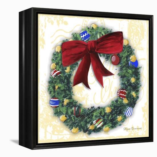 Pine Wreath with Red Ribbon-Megan Aroon Duncanson-Framed Premier Image Canvas