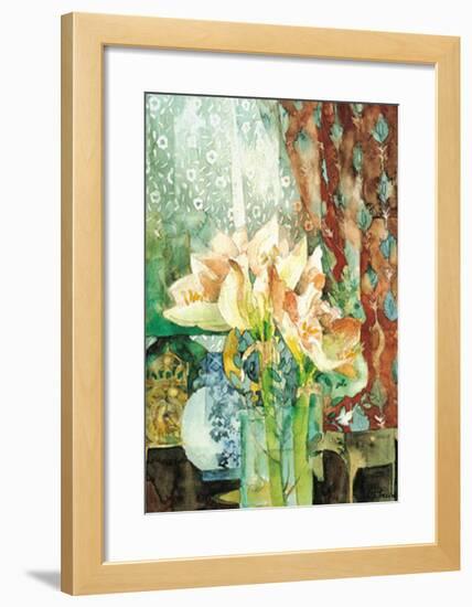 Pink Amaryllis, Red Curtain-Shirley Trevena-Framed Art Print