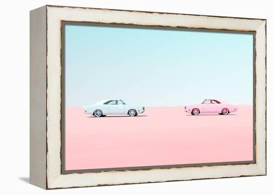 Pink and Blue Vintage Muscle Car Head to Head Race Meet Desert Sand Blue Sky Sunny-Paul Campbell-Framed Premier Image Canvas