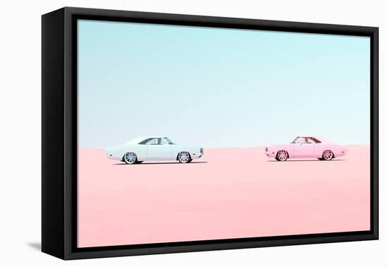 Pink and Blue Vintage Muscle Car Head to Head Race Meet Desert Sand Blue Sky Sunny-Paul Campbell-Framed Premier Image Canvas