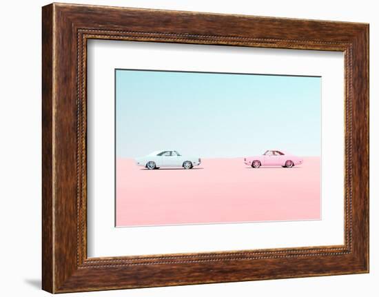 Pink and Blue Vintage Muscle Car Head to Head Race Meet Desert Sand Blue Sky Sunny-Paul Campbell-Framed Photographic Print