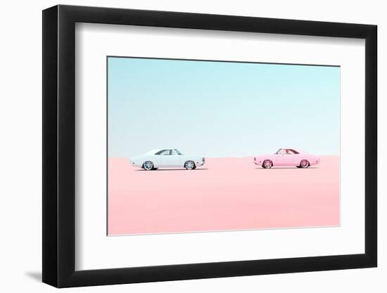 Pink and Blue Vintage Muscle Car Head to Head Race Meet Desert Sand Blue Sky Sunny-Paul Campbell-Framed Photographic Print