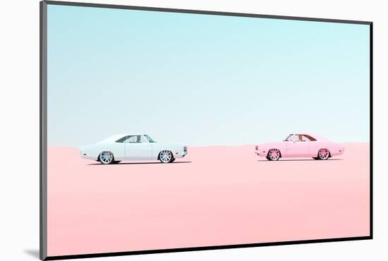 Pink and Blue Vintage Muscle Car Head to Head Race Meet Desert Sand Blue Sky Sunny-Paul Campbell-Mounted Photographic Print