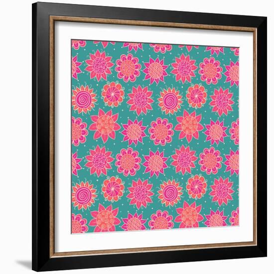 Pink and Green Doodle Seamless Flower Pattern-nad_o-Framed Art Print