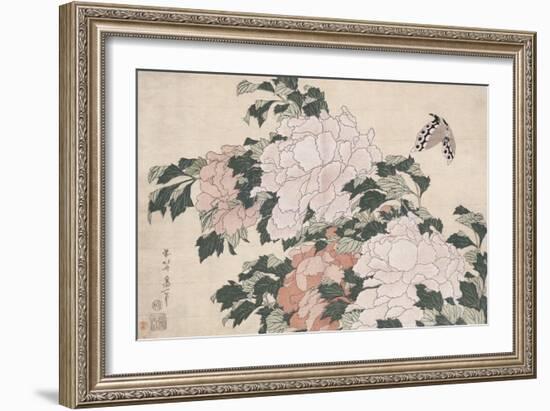 Pink and Red Peonies Blown to the Left in a Breeze and a Butterfly-Katsushika Hokusai-Framed Giclee Print