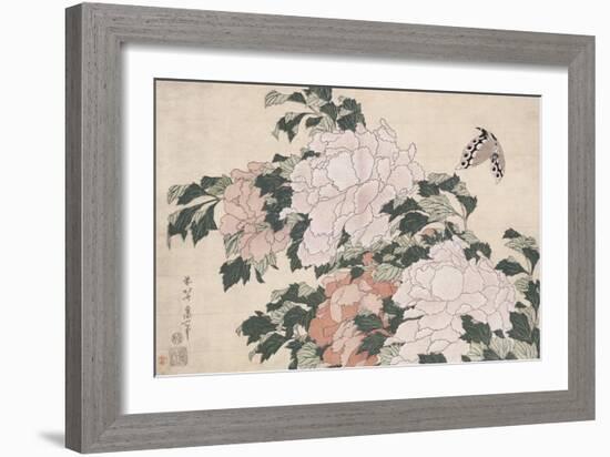 Pink and Red Peonies Blown to the Left in a Breeze and a Butterfly-Katsushika Hokusai-Framed Giclee Print