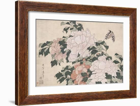 Pink and Red Peonies Blown to the Left in a Breeze and a Butterfly-Katsushika Hokusai-Framed Giclee Print