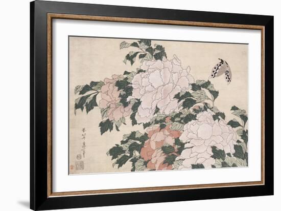 Pink and Red Peonies Blown to the Left in a Breeze and a Butterfly-Katsushika Hokusai-Framed Giclee Print