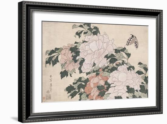 Pink and Red Peonies Blown to the Left in a Breeze and a Butterfly-Katsushika Hokusai-Framed Giclee Print