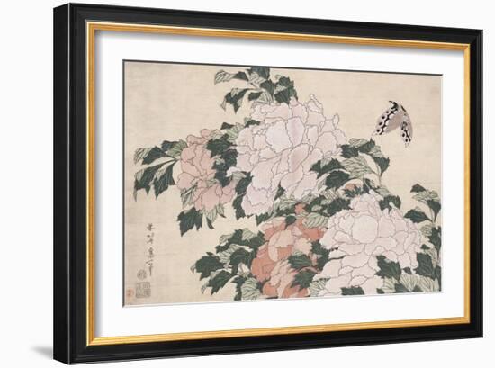 Pink and Red Peonies Blown to the Left in a Breeze and a Butterfly-Katsushika Hokusai-Framed Giclee Print