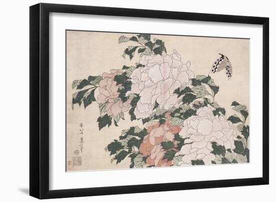 Pink and Red Peonies Blown to the Left in a Breeze and a Butterfly-Chokosai Eisho-Framed Giclee Print