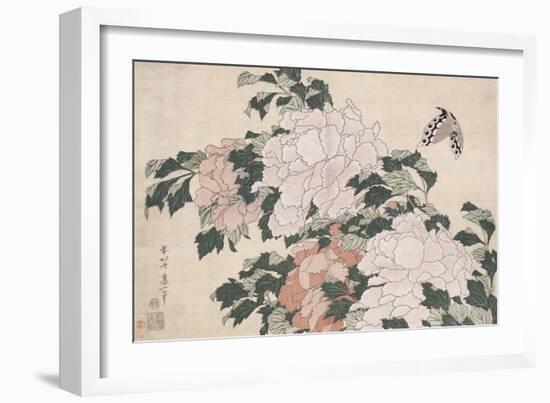 Pink and Red Peonies Blown to the Left in a Breeze and a Butterfly-Chokosai Eisho-Framed Giclee Print