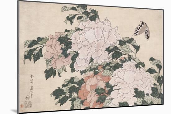 Pink and Red Peonies Blown to the Left in a Breeze and a Butterfly-Chokosai Eisho-Mounted Giclee Print