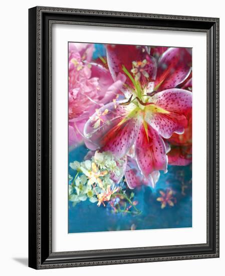 Pink and Red Poenies in Blue Green Water with Little Blossoms Layered-Alaya Gadeh-Framed Photographic Print